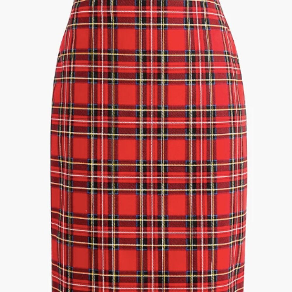 J CREW Sateen Pencil Skirt - Red & Black Tartan Plaid